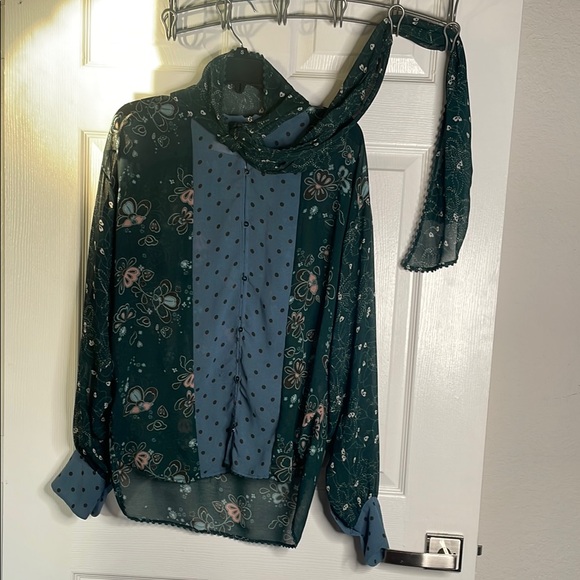 See by Chloe sheer long sleeve floral button down blouse with neck tie - Picture 1 of 7